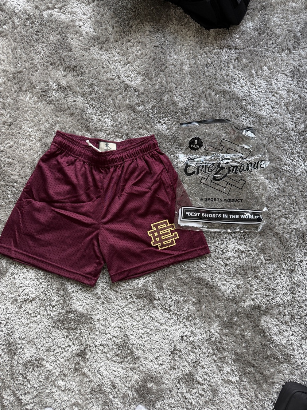 Eric Emanuel Maroon Mesh Athletic Shorts with Gold Logo